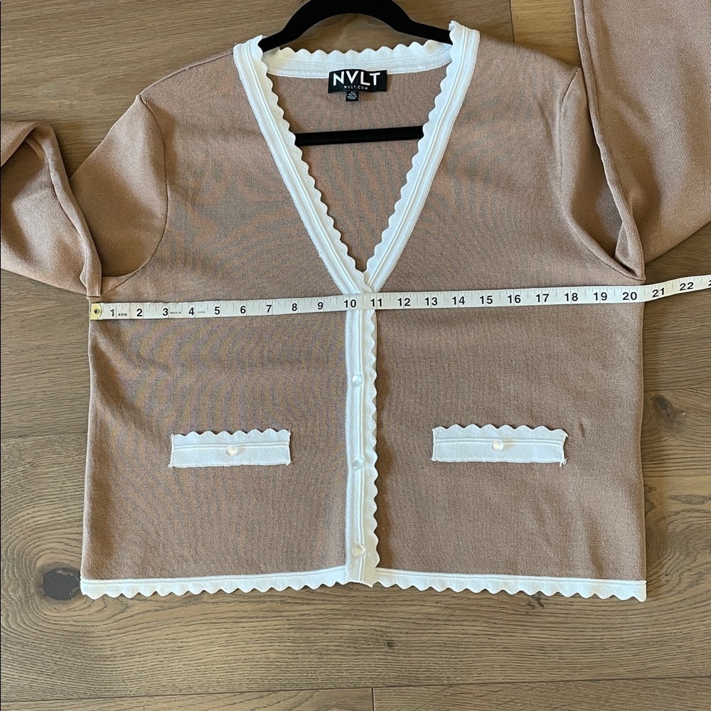 NVLT x Anthropologie Scallop Trim V Neck Cardigan Women's Size XL Camel NWOT - Picture 9 of 9